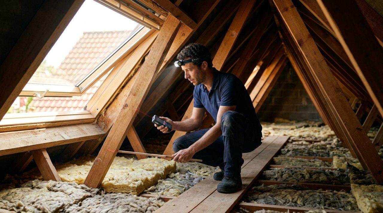 Auditeur contrôlant l'isolation des combles d'une maison
